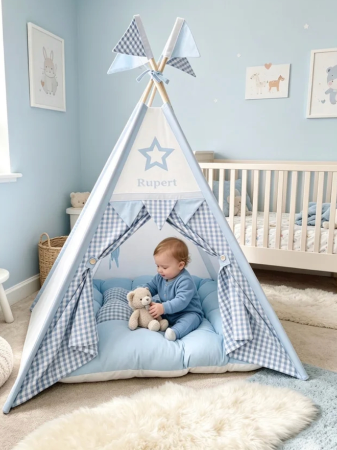 Personalised Blue Gingham Teepee. A teepee with blue gingham and white accents.