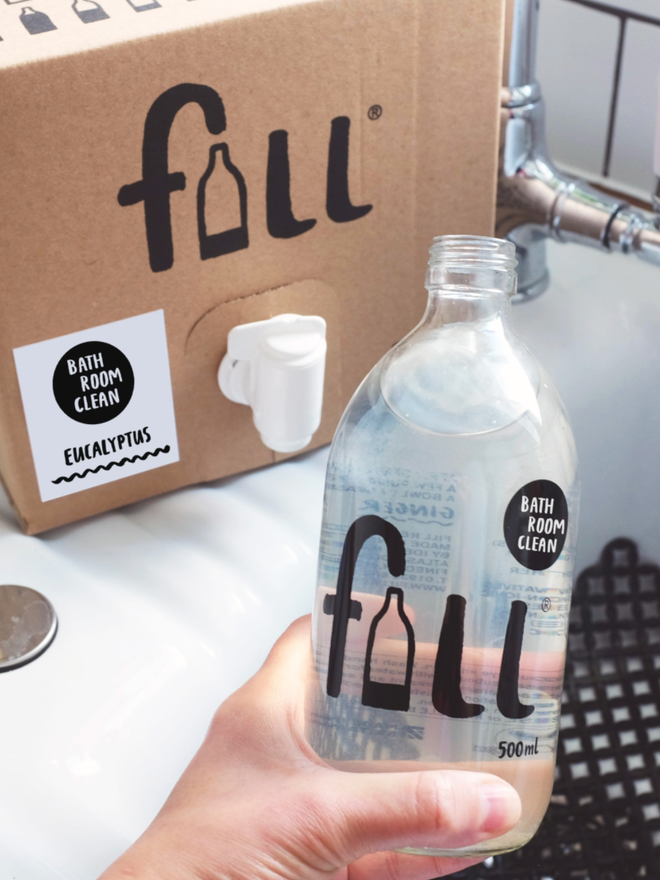 Bathroom Cleaner. A box of bathroom cleaner refill and a bottle of 500ml bathroom cleaner.