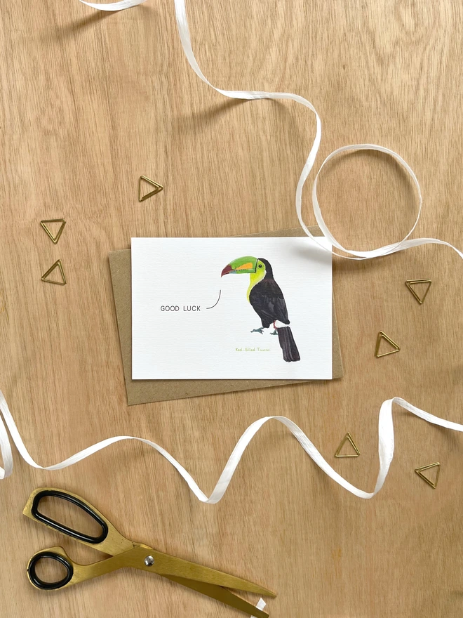 a greetings card featuring an illustration of a toucan with the text “good luck”