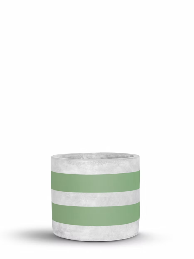 two stripes concrete plant pot. a grey plant pot with green painted stripes.