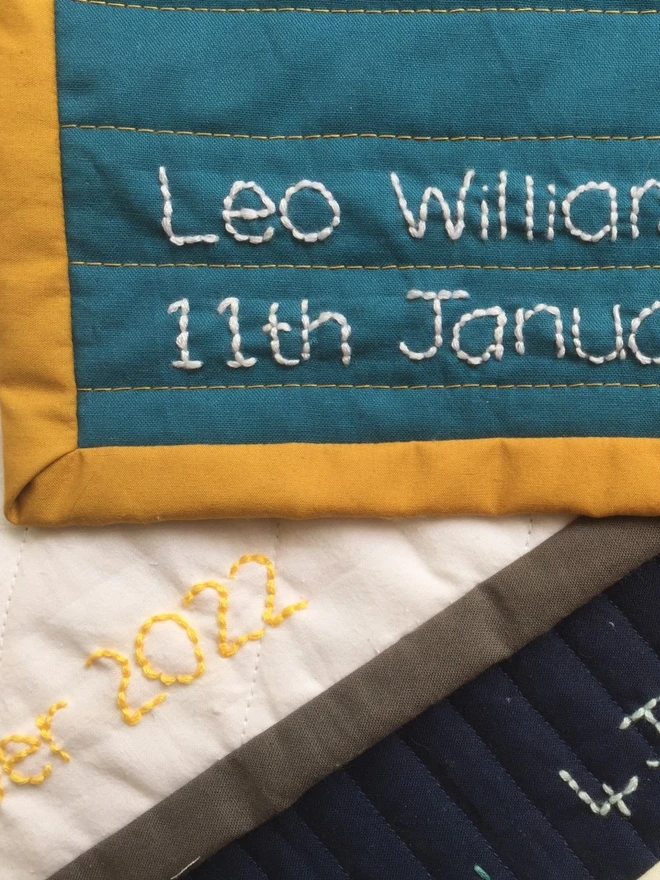 Hand Embroidered Personalisation for Quilt