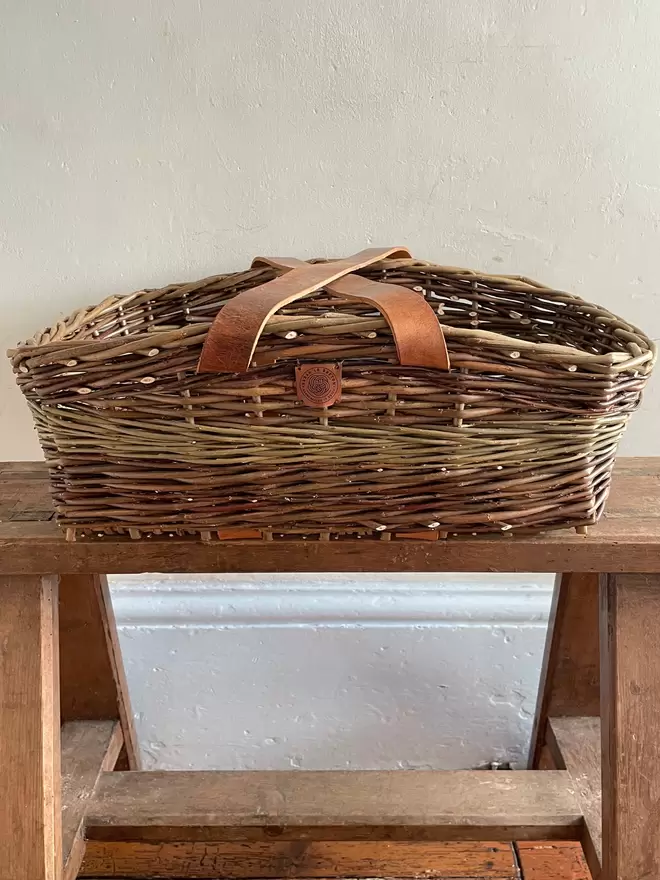 willow garden basket trug foraging contemporary traditional modern leather cross strap handle basketry brown handcrafted craft 