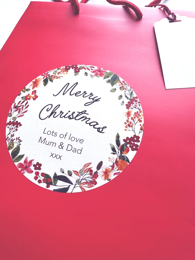 Christmas Personalised Round Label on Gift Bag