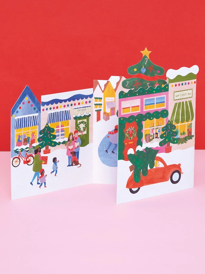 Joyful Fold-out Festive Town Luxury Christmas Card | Raspberry Blossom 