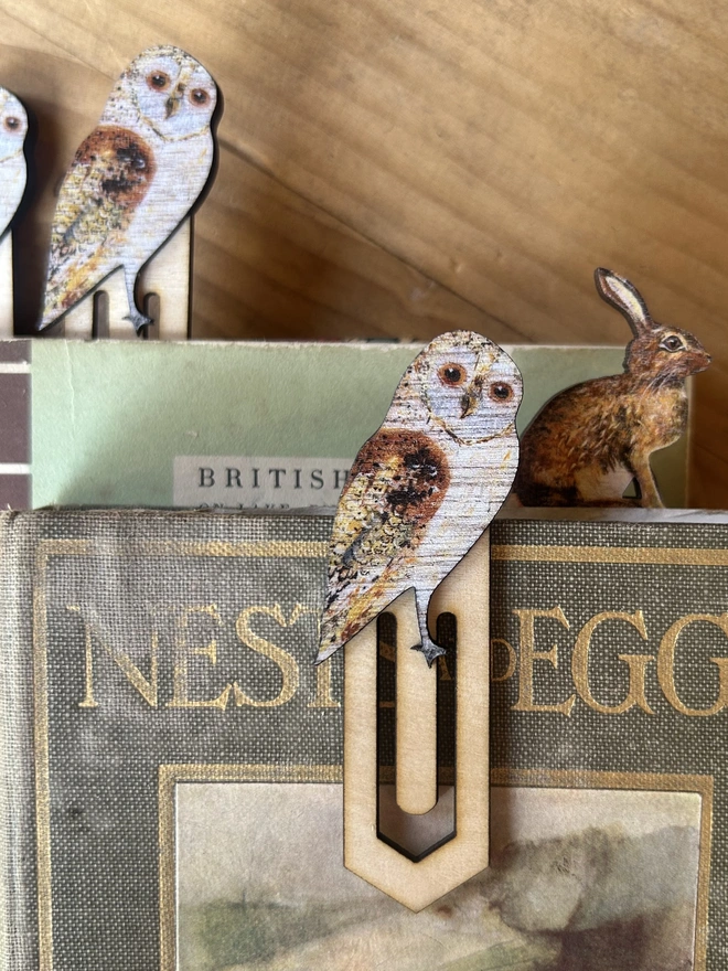 Barn Owl birch plywood paperclip bookmark used in book
