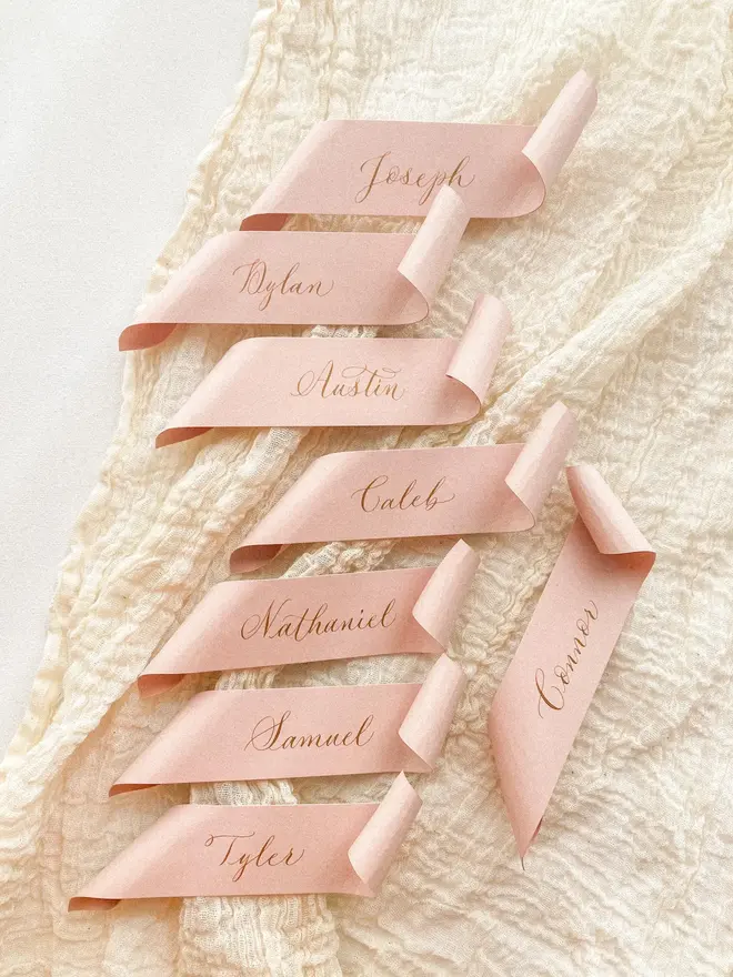 blush pink scroll calligraphy wedding place cards. pink scrolls on muslin background.