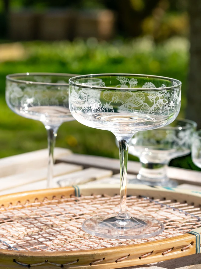 Two Emma Britton Strawberry Crystal Pattern Champagne Coupes
