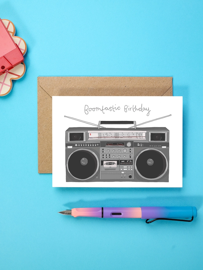 Funny greeting card featuring retro boombox