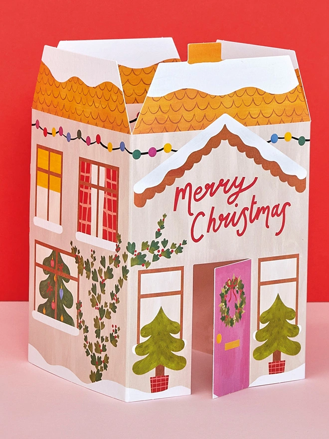 Cute & Festive 3D House Luxury Christmas Card | Raspberry Blossom