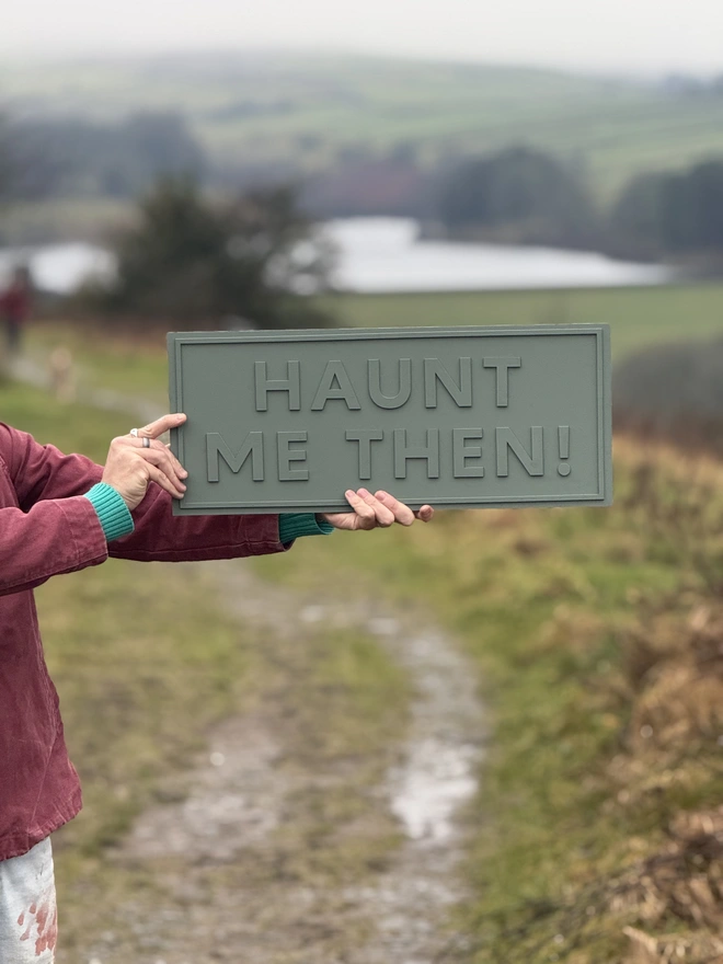 haunt me then painted green sign by modo against a yorkshire background