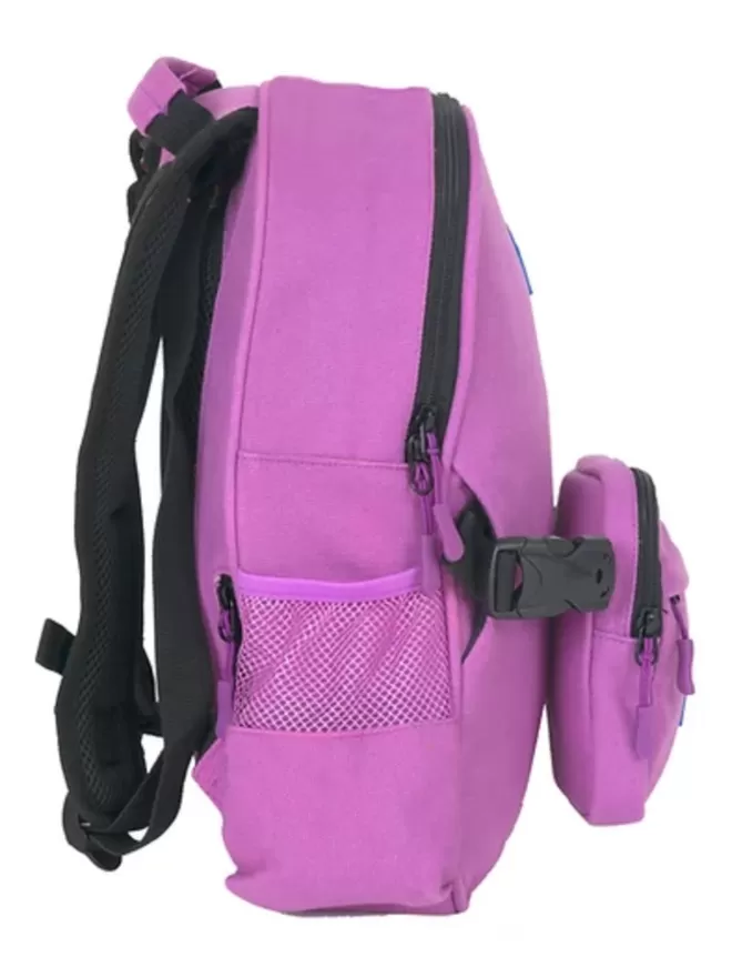 Side view of the Beltbackpack in purple with view of a water bottle compartment.