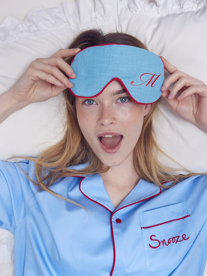 CATHERINE COLEBROOK BLUE LINEN CALLIGRAPHY EYE MASK