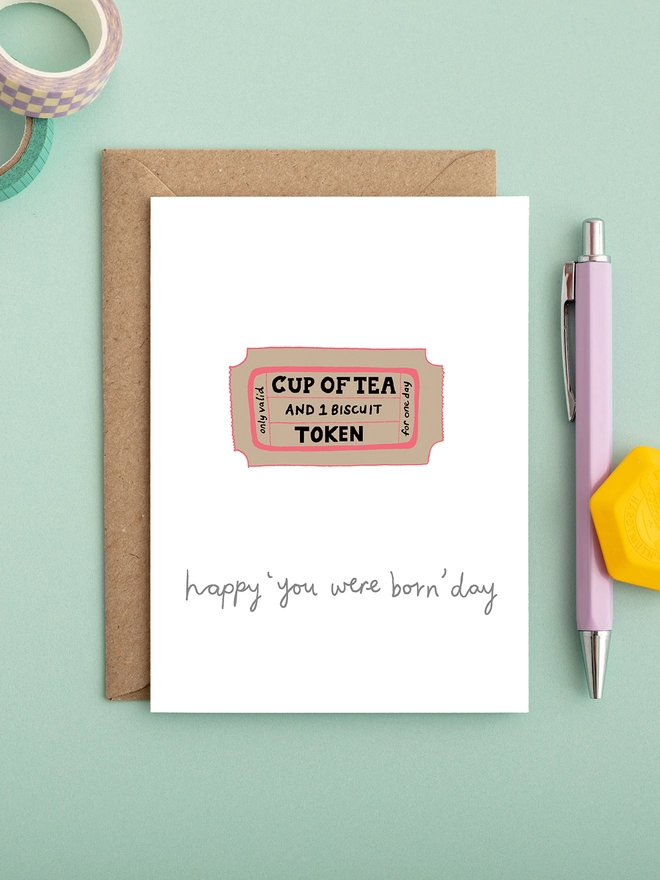 funny birthday gender neutral birthday card featuring a cup of tea token