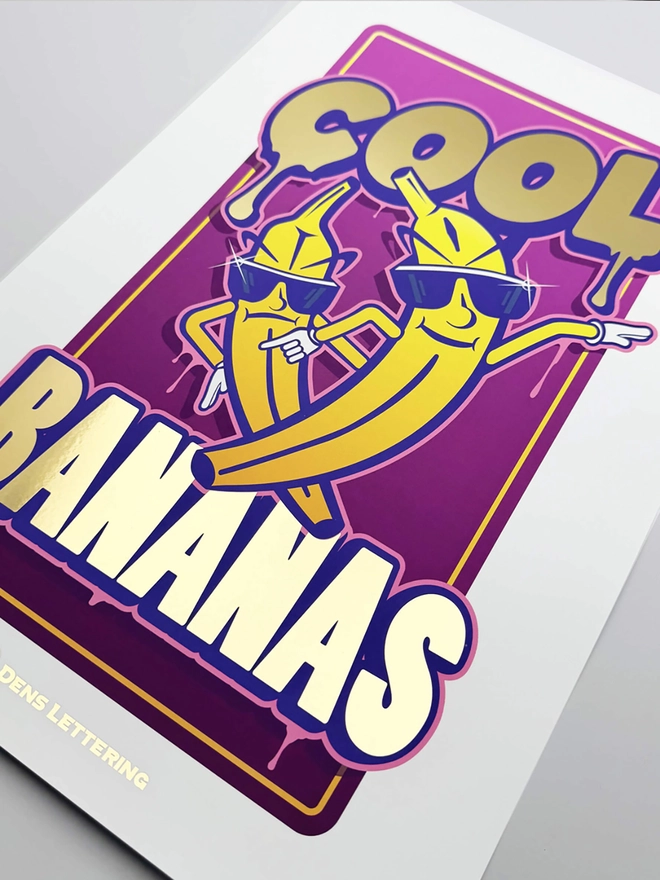 'Cool Bananas' Purple Gold Foil Print on white background