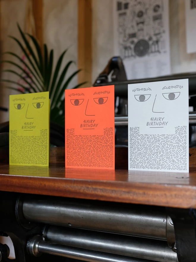 A set of three 'Hairy Birthday' cards in kiwi, tangerine and grey.