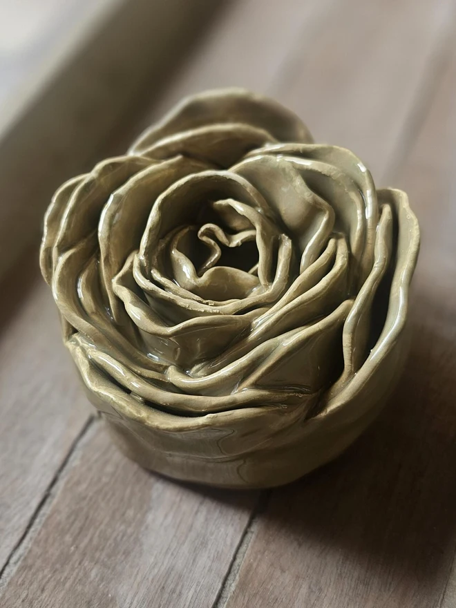 khaki sage olive green ceramic flower pottery art for wall sculpture handmade unique gift