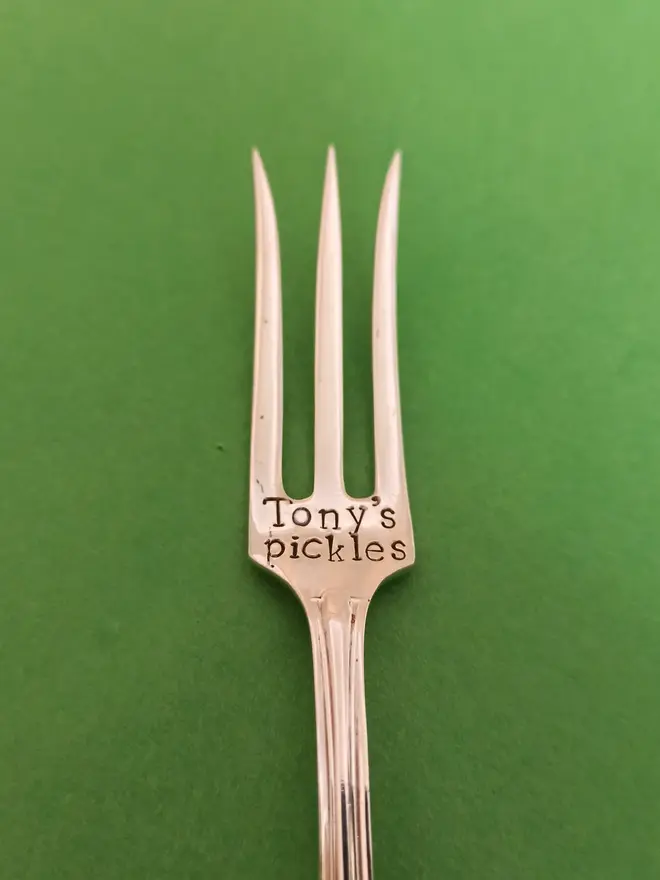 Vintage silver plated three pronged Pickle Fork personalised with the wording Tony's pickles