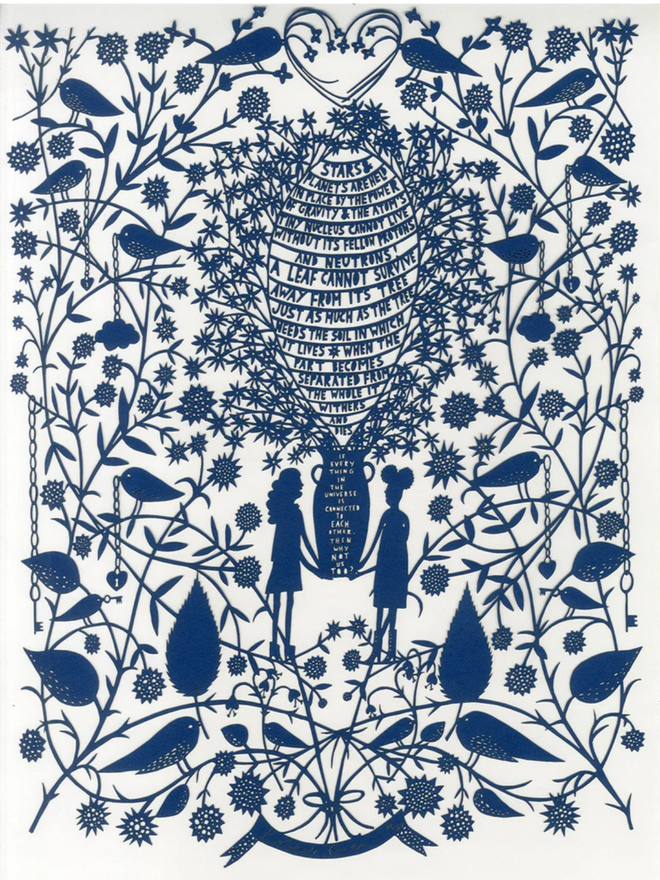 'Why not us too?' Female & Female, blue lasercut. An intricate blue lasercut artwork on a white background, featuring a couple holding up a vase together with text and surrounded by leaves.