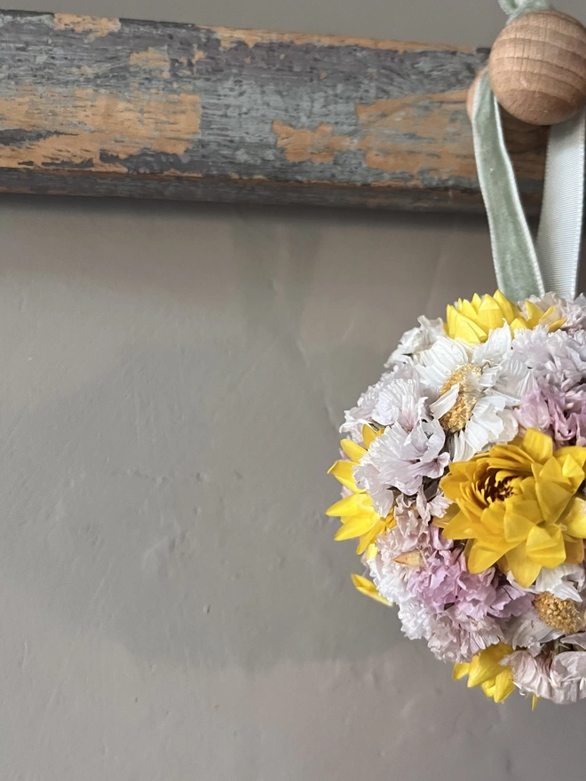 Handmade Dried Flower Bauble – Yellow & Pink Floral Hanging Decoration