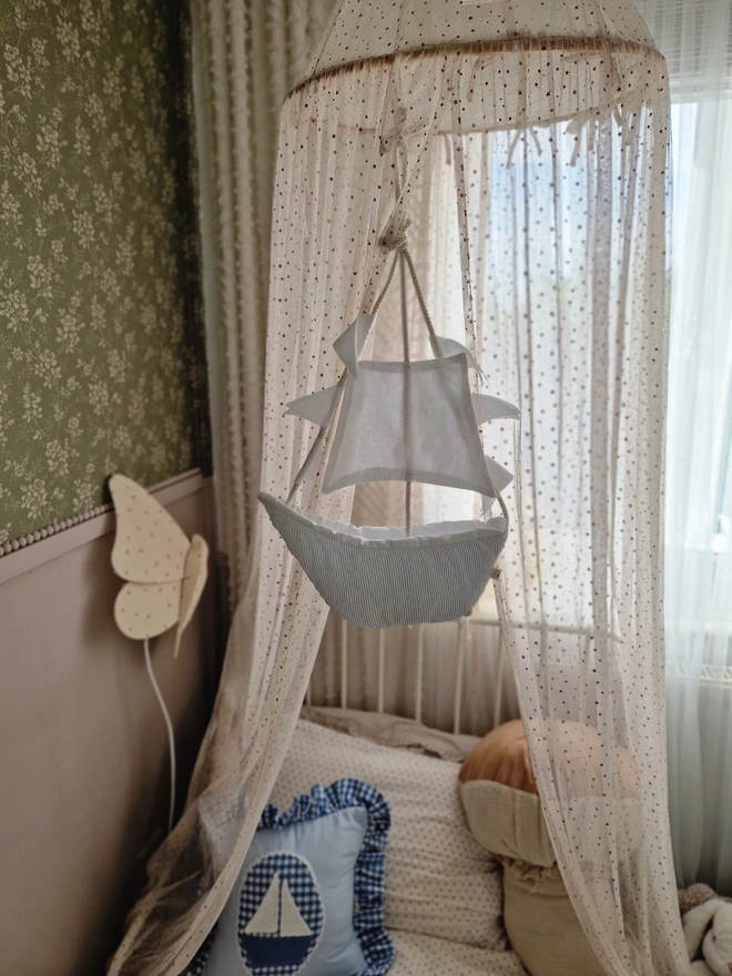 Linen Sailboat Crib Mobile, Nautical Baby Nursery Decor, Ocean Theme Hanging Ornament