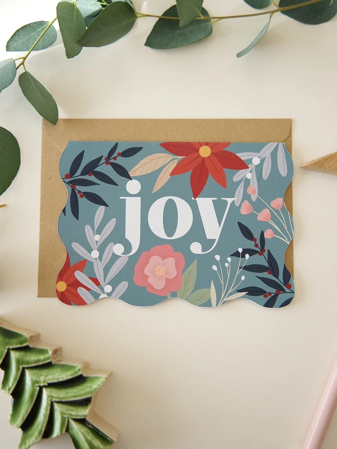 Joy botanical floral Christmas card green and pink