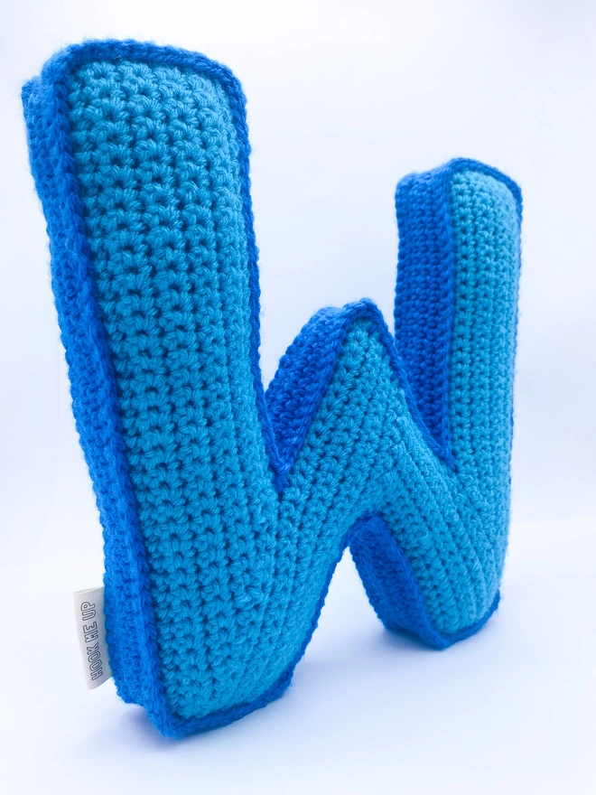 Crochet W Cushion in Light Blue and Blue