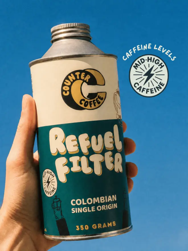 Refuel Filter. A tin of coffee beans from Counter Coffee.