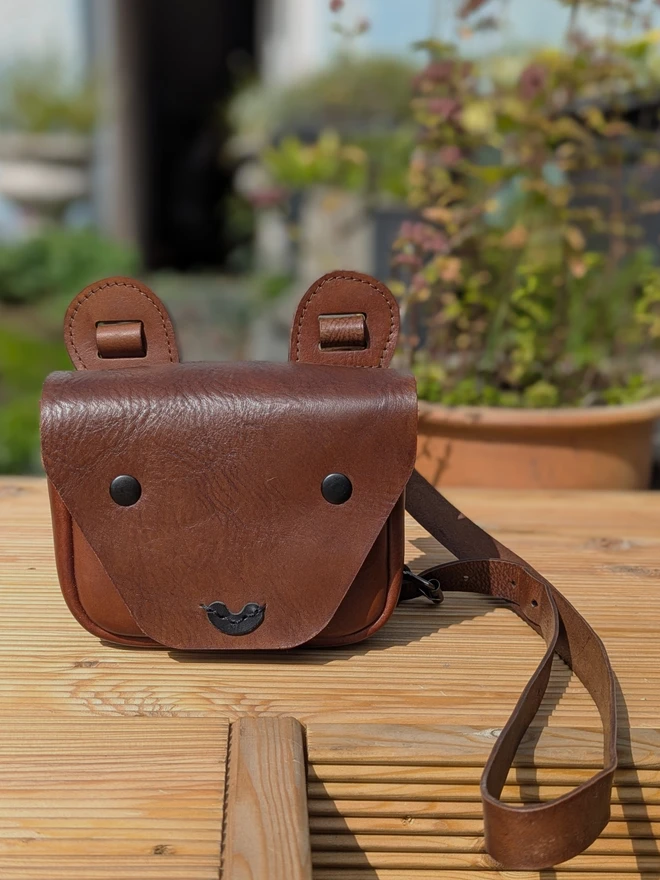 handmade brown kids bear cross- body bag, front view