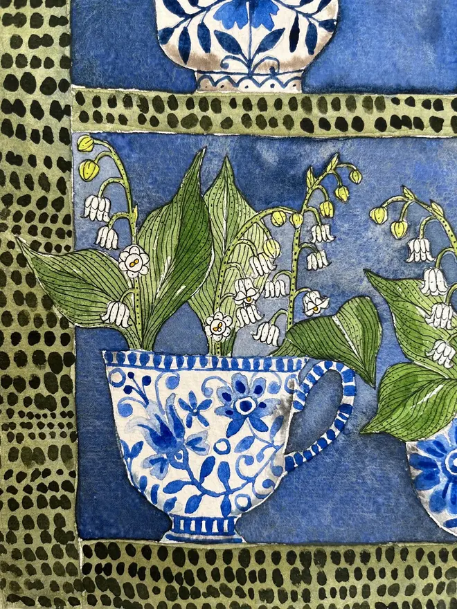Lily of the Valley, Spring flowers in delft teacups and mugs displayed in a plant theatre