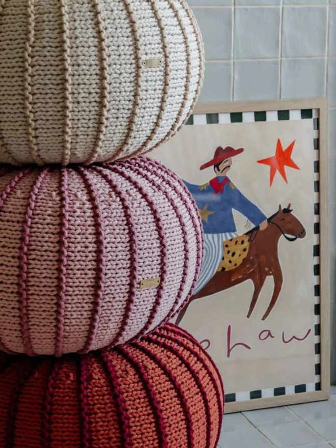 Zuri House. Small powder pink Ziggy pouffe.