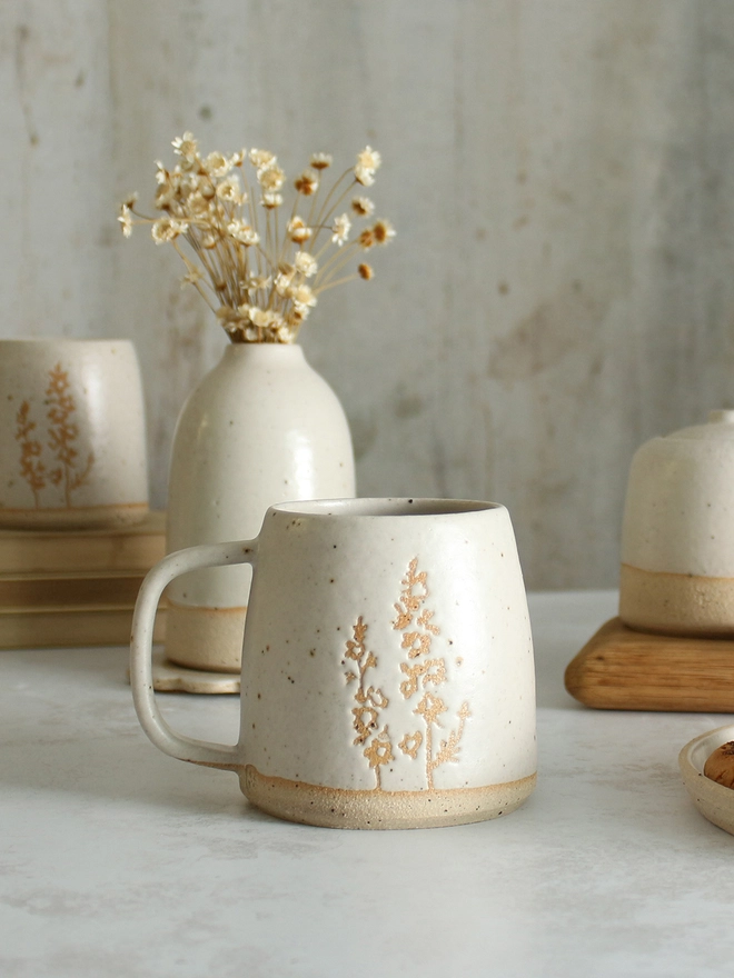 Larkspur white mug on table setting