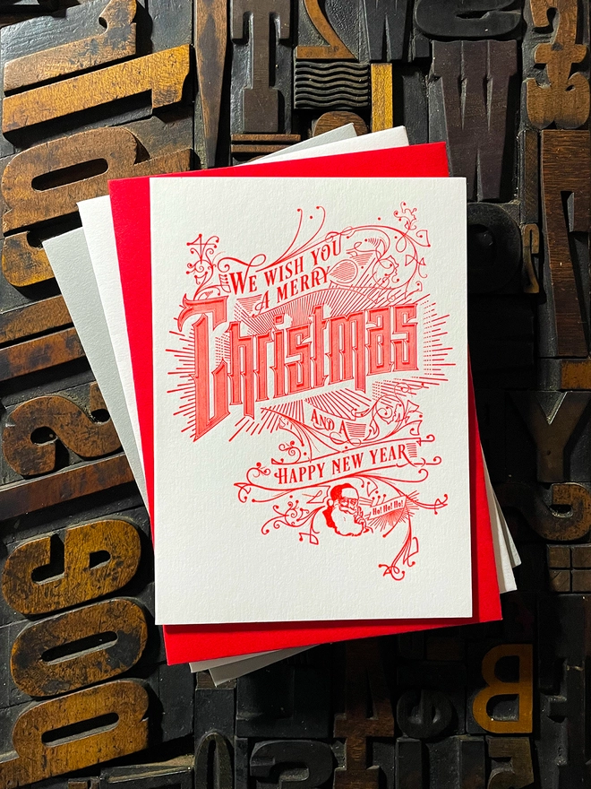 Spread festive cheer with this charming vintage Santa letterpress Christmas card! These cards are printed with my own fair hands on my 1915 Arab Crown Folio Press. Printed in red ink.