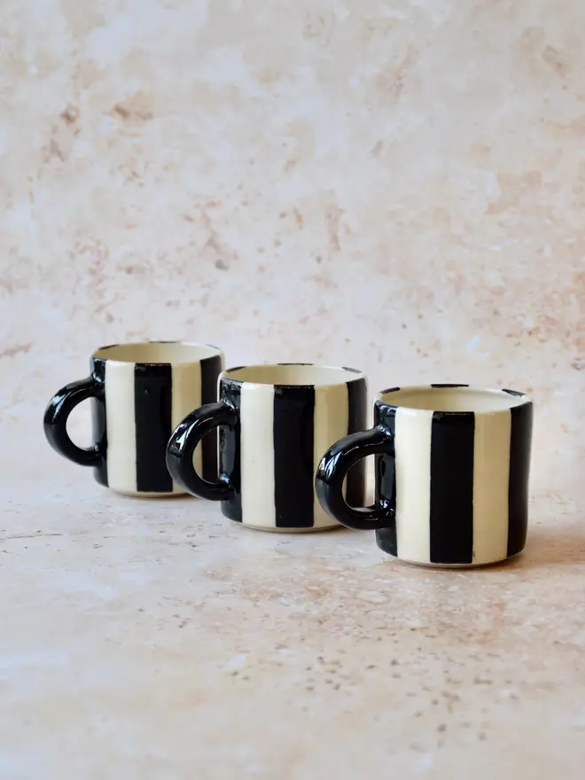 Le Petit Rayé handmade espresso cups - set of three in black and cream stripe