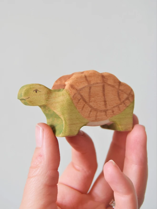 Wooden tyo tortoise held in hand