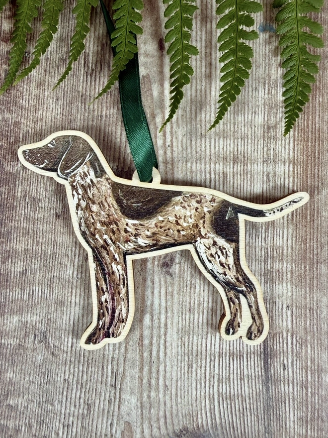 German Shorthaired pointer Christmas decoration with green ribbon to hang 