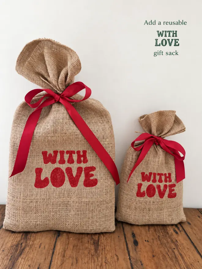 Large and small reusable jute gift sack hand printed WithLove and tied in red ribbon