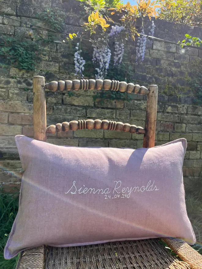 Personalised Handmade Embroidered Linen Cushion, pale pink cushion with personalised message. 