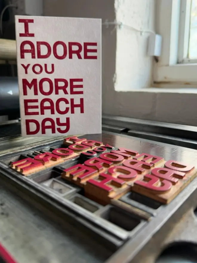 I adore you more each day - letterpress red card