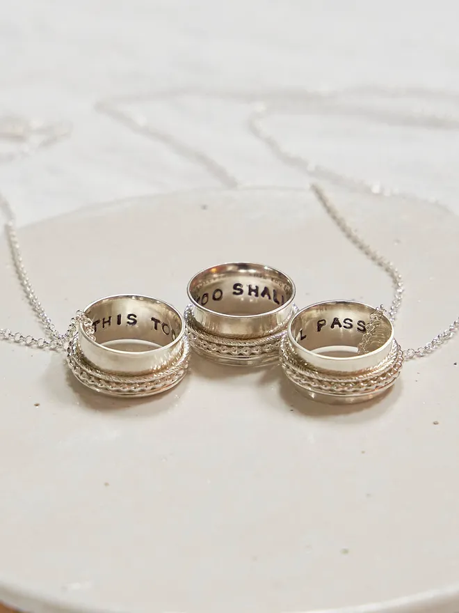 recycled sterling silver spinner pendant necklace  'this too shall pass'