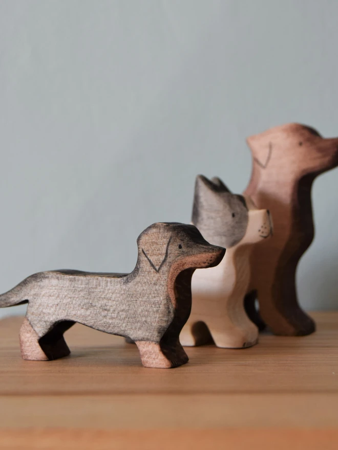 Handmade ecofriendly wooden toy figurines, dog toy figures made by hand by Eric and Albert made in Wales, UK