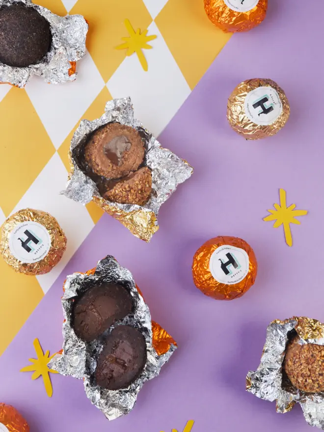 Flat lay of Hetty's festive Brownie balls