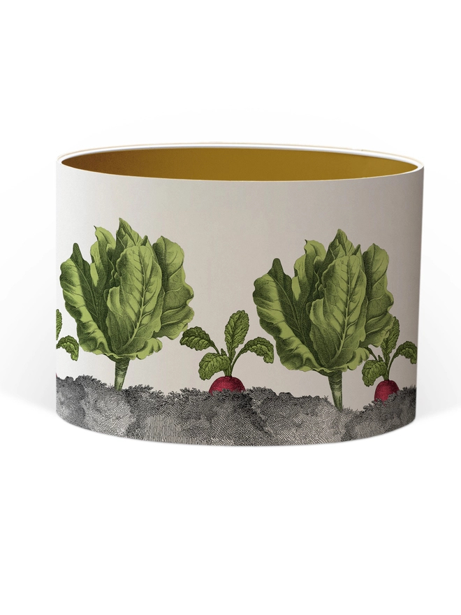 Mischievous rabbit lampshade handmade with vintage animal etchings, hiding among lettuces and radishes in a quirky country-style design. 