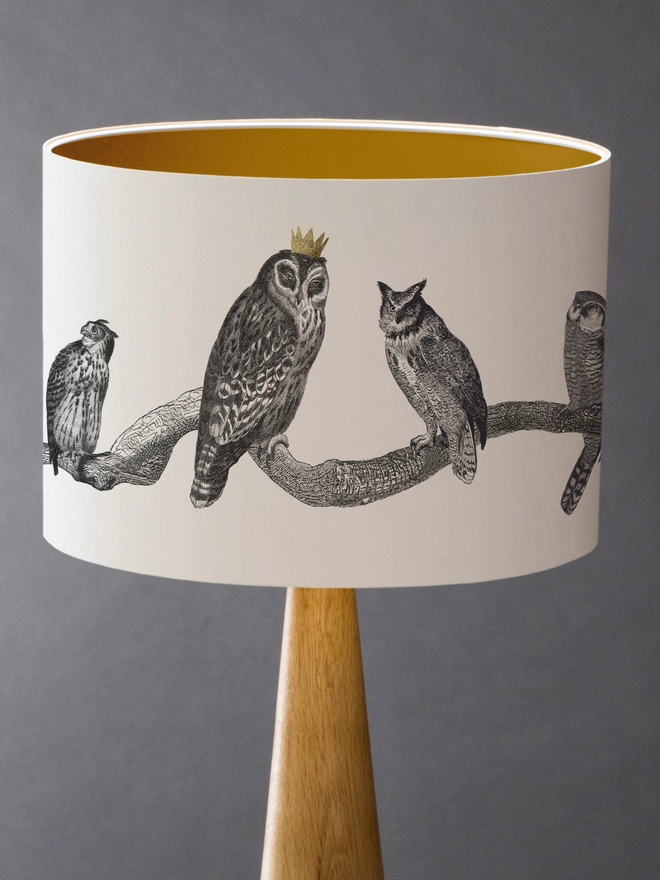 Handmade vintage owl lampshade featuring a parliament of illustrated owls perched together, created from antique animal etchings with monochrome details