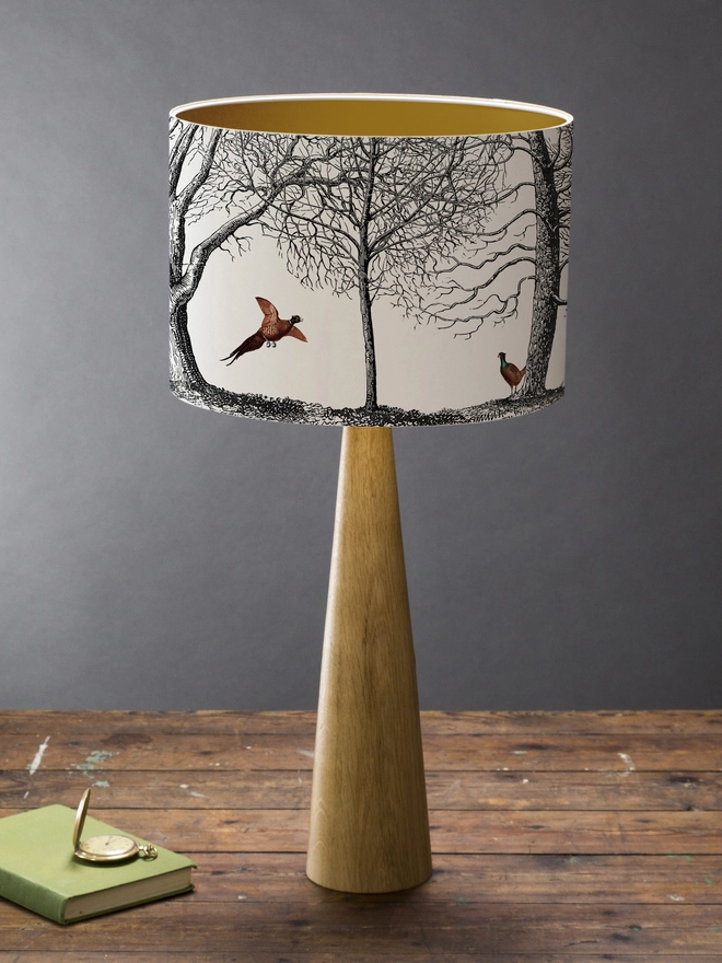 Handmade pheasant lampshade with whimsical woodland illustrations inspired by the British countryside