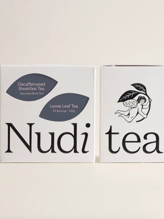 white box of tea with dark blue and black graphic design