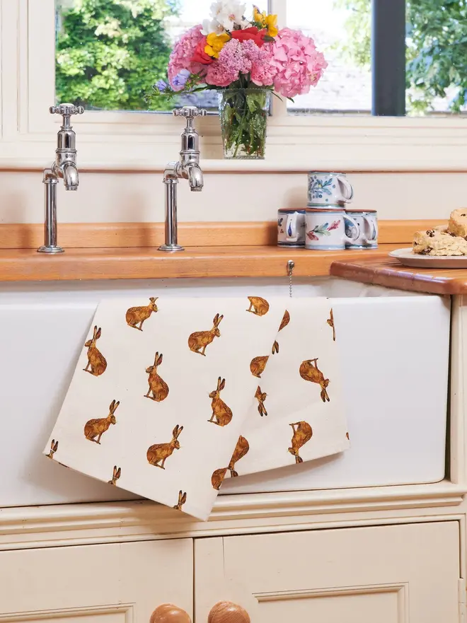 LIFESTYLE SHOT OF HARE TEA TOWEL