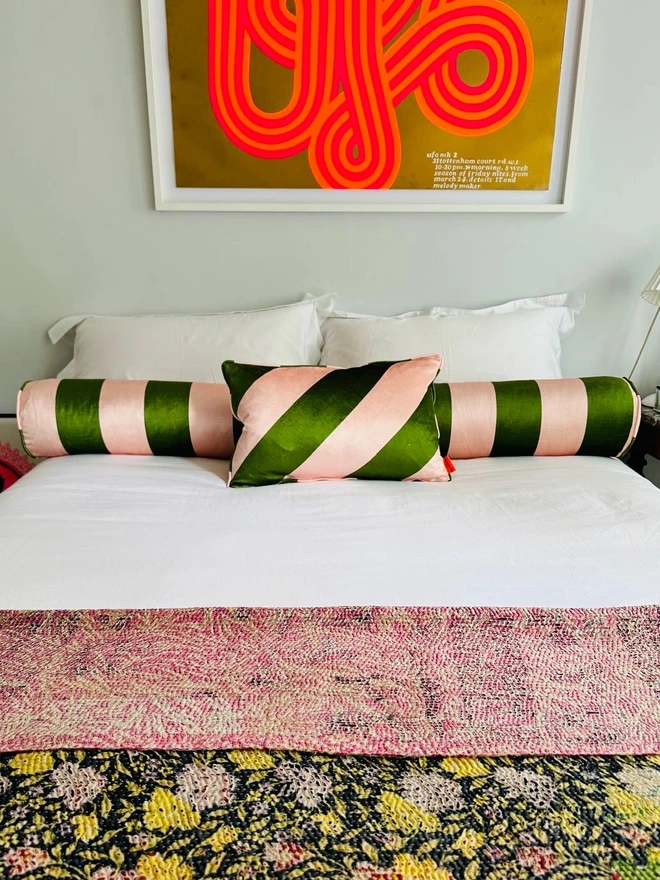 Green and Pink Stripe Bolster for Bed. Lumbar Support
