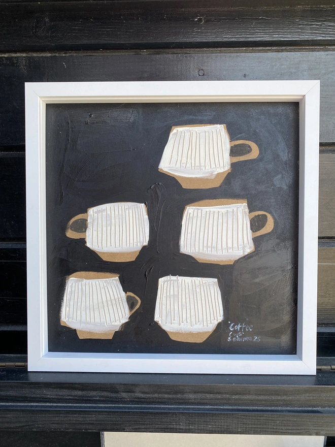 Painting of coffee cups, naive art, scandi art, monochrome folk art by Samantha Barnes