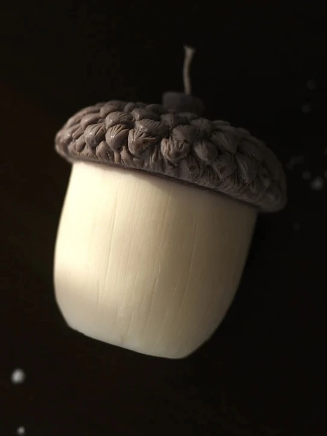 The Acorn Candle. Close-up of an acorn candle showing its detailed scaled cap, cotton wick and smooth cream base against a dark background. The finely moulded texture captures the look of a real acorn in handmade wax.