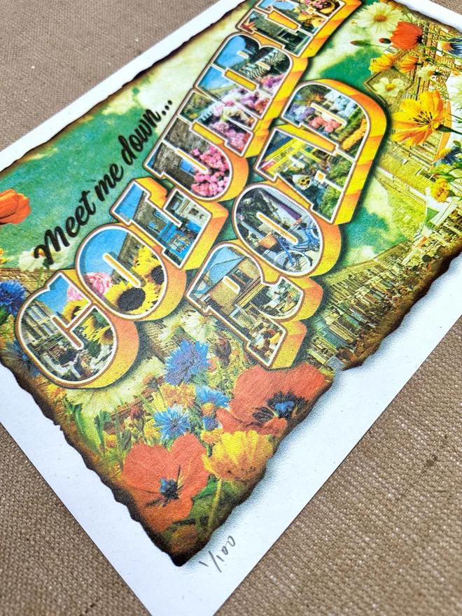 Columbia road retro themed vintage screenprint close up